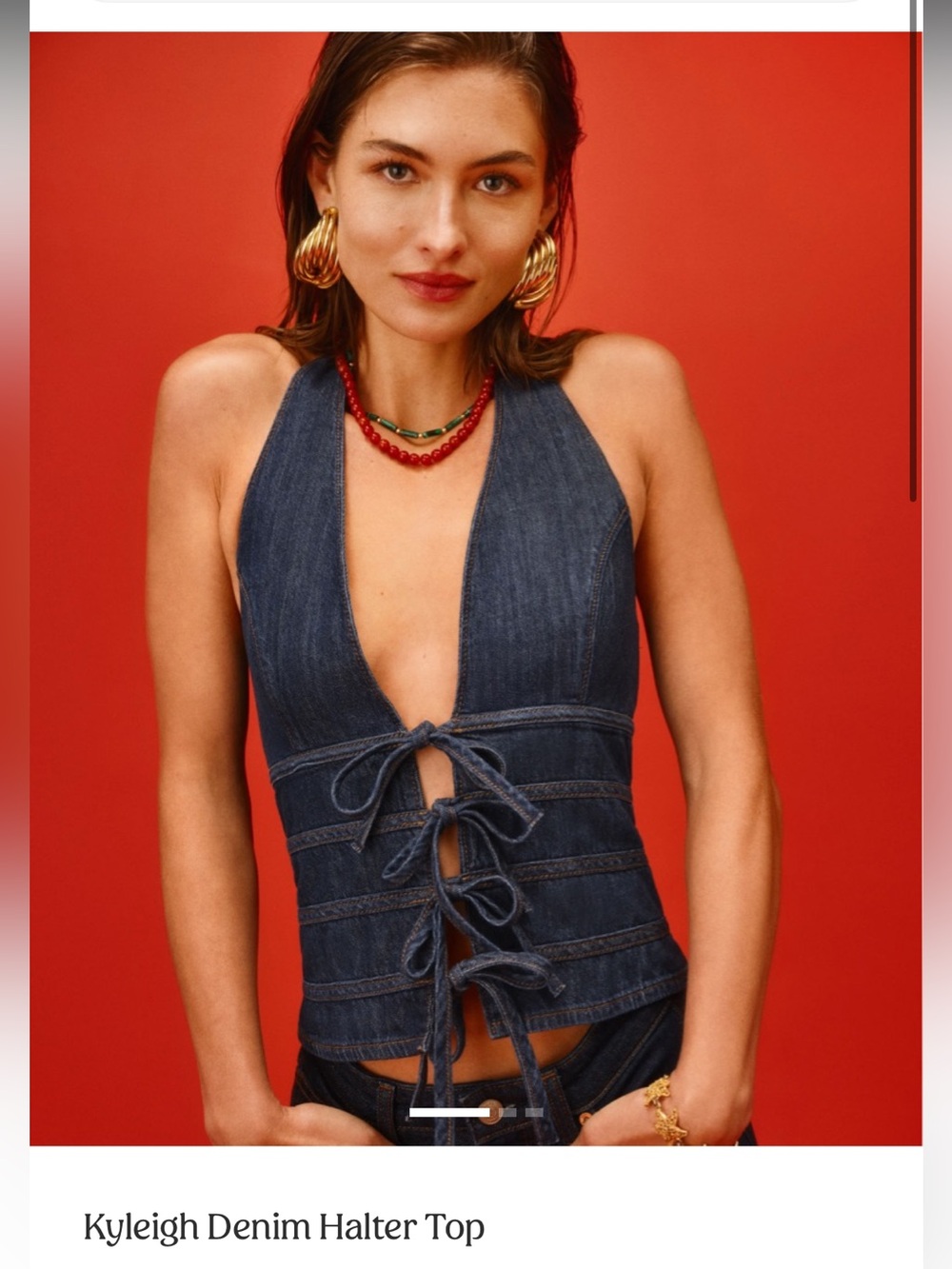 Denim Halter Tie-Front Top in Dark Blue sz 0